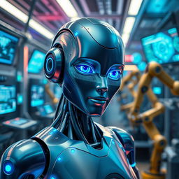 A visually captivating representation of artificial intelligence, featuring a sleek humanoid robot with a metallic body and glowing blue accents