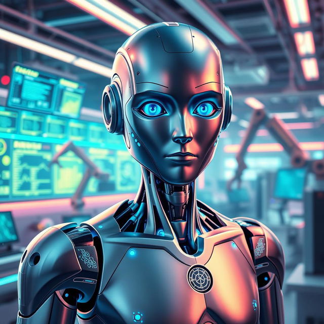 A visually captivating representation of artificial intelligence, featuring a sleek humanoid robot with a metallic body and glowing blue accents