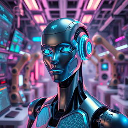 A visually captivating representation of artificial intelligence, featuring a sleek humanoid robot with a metallic body and glowing blue accents