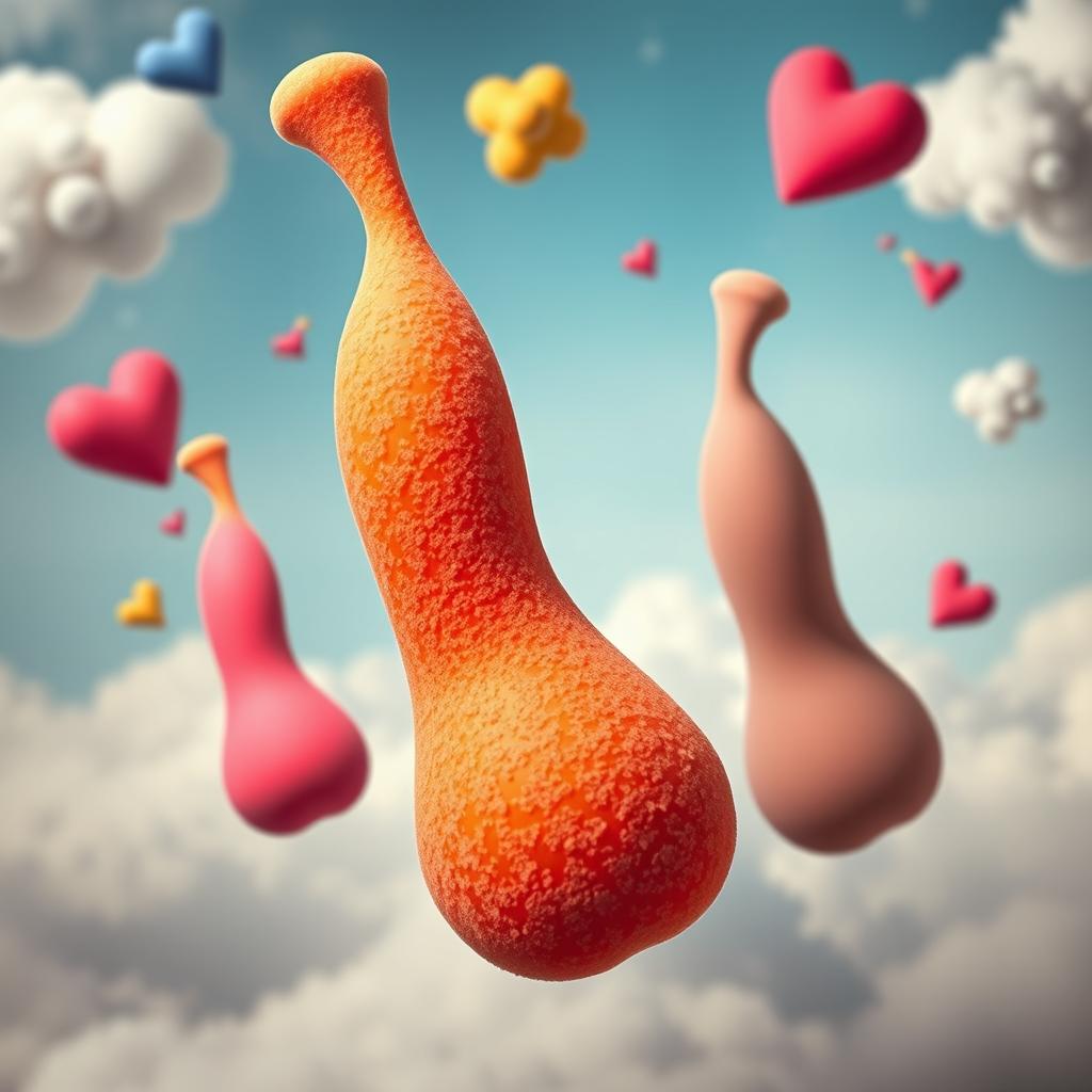 A surreal artistic interpretation of exaggerated, cartoonish penises made from sponge material, featuring vibrant colors and whimsical shapes, floating in a dreamlike environment with a soft focus background of clouds and playful shapes, evoking a sense of humor and fantasy