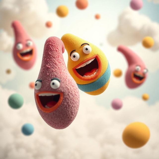 A surreal artistic interpretation of exaggerated, cartoonish penises made from sponge material, featuring vibrant colors and whimsical shapes, floating in a dreamlike environment with a soft focus background of clouds and playful shapes, evoking a sense of humor and fantasy