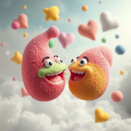 A surreal artistic interpretation of exaggerated, cartoonish penises made from sponge material, featuring vibrant colors and whimsical shapes, floating in a dreamlike environment with a soft focus background of clouds and playful shapes, evoking a sense of humor and fantasy
