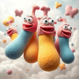 A surreal artistic interpretation of exaggerated, cartoonish penises made from sponge material, featuring vibrant colors and whimsical shapes, floating in a dreamlike environment with a soft focus background of clouds and playful shapes, evoking a sense of humor and fantasy
