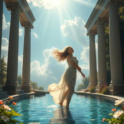 A mystical scene featuring ancient Greek pillars majestically standing around a clear, serene pool of water