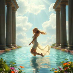 A mystical scene featuring ancient Greek pillars majestically standing around a clear, serene pool of water