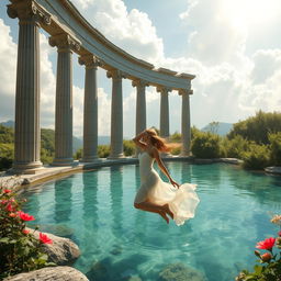 A mystical scene featuring ancient Greek pillars majestically standing around a clear, serene pool of water