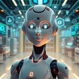 An imaginative portrayal of artificial intelligence, illustrated as a futuristic humanoid robot with a sleek design and glowing circuits
