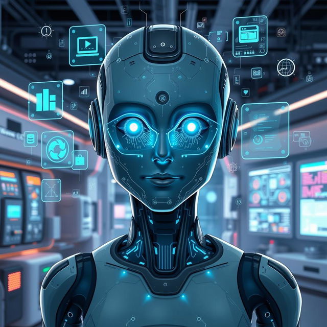 An imaginative portrayal of artificial intelligence, illustrated as a futuristic humanoid robot with a sleek design and glowing circuits