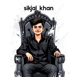 A digital art style illustration of a boy sitting confidently on a throne, wearing a stylish black shirt