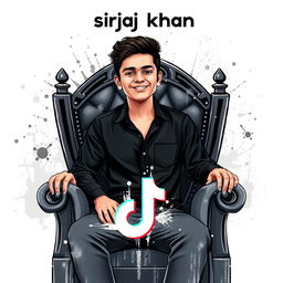 A digital art style illustration of a boy sitting confidently on a throne, wearing a stylish black shirt