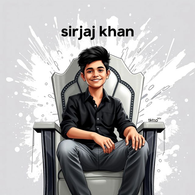 A digital art style illustration of a boy sitting confidently on a throne, wearing a stylish black shirt