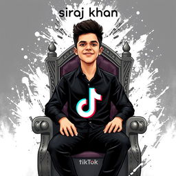 A digital art style illustration of a boy sitting confidently on a throne, wearing a stylish black shirt
