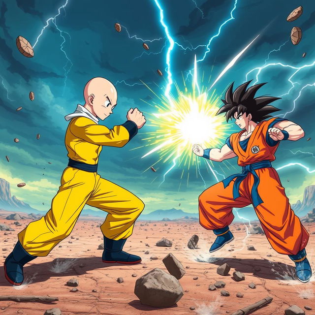 An epic battle scene between Saitama and Goku in a high-energy showdown