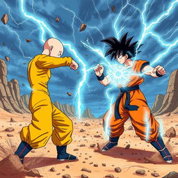An epic battle scene between Saitama and Goku in a high-energy showdown
