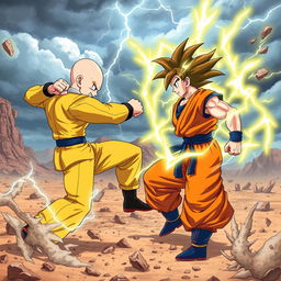 An epic battle scene between Saitama and Goku in a high-energy showdown