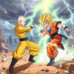 An epic battle scene between Saitama and Goku in a high-energy showdown