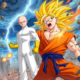 An epic battle scene showcasing Saitama, with his iconic simple white jumpsuit and yellow gloves, standing victorious against Goku, who is in his Super Saiyan form with fiery golden hair and a determined expression