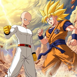 An epic battle scene showcasing Saitama, with his iconic simple white jumpsuit and yellow gloves, standing victorious against Goku, who is in his Super Saiyan form with fiery golden hair and a determined expression