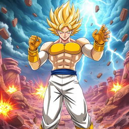 An epic battle scene showcasing Saitama, with his iconic simple white jumpsuit and yellow gloves, standing victorious against Goku, who is in his Super Saiyan form with fiery golden hair and a determined expression