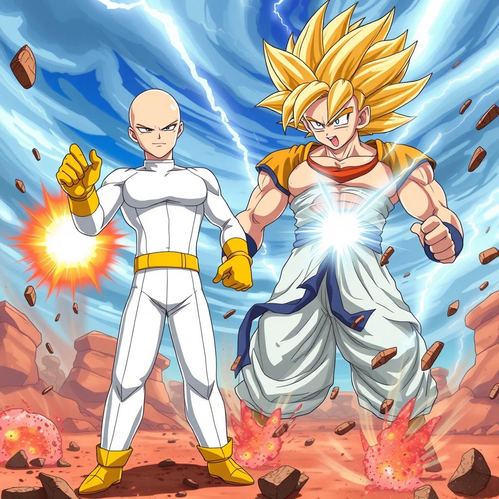 An epic battle scene showcasing Saitama, with his iconic simple white jumpsuit and yellow gloves, standing victorious against Goku, who is in his Super Saiyan form with fiery golden hair and a determined expression