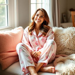A woman wearing stylish pajamas, sitting comfortably with her legs crossed