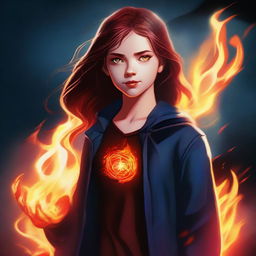 This is a high-quality digital art image of a 14-year-old supernatural girl, the daughter of Crowley