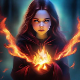 This is a high-quality digital art image of a 14-year-old supernatural girl, the daughter of Crowley