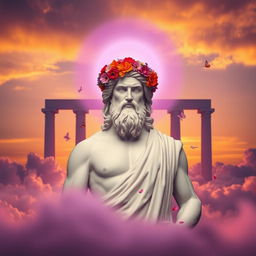 A statue of Zeus in classical ancient Greek style, depicted with a calm expression and adorned with a crown of colorful flowers on his head