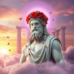 A statue of Zeus in classical ancient Greek style, depicted with a calm expression and adorned with a crown of colorful flowers on his head