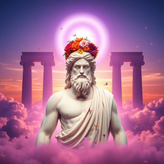 A statue of Zeus in classical ancient Greek style, depicted with a calm expression and adorned with a crown of colorful flowers on his head