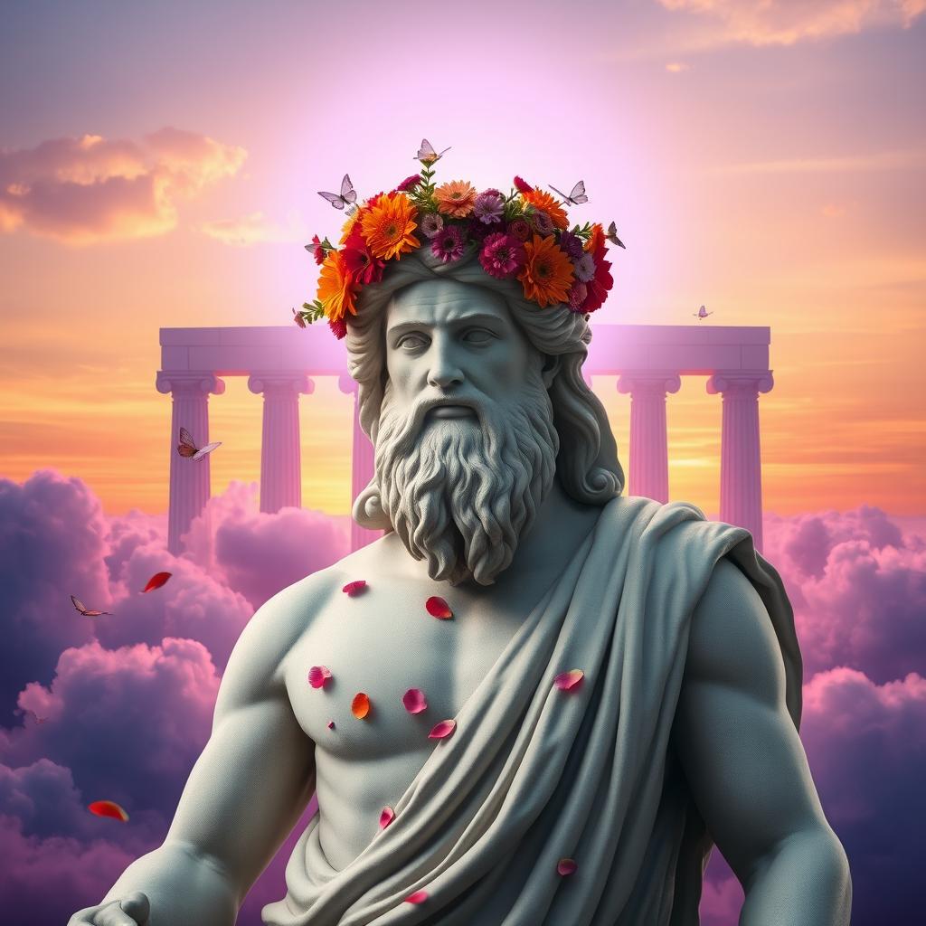 A statue of Zeus in classical ancient Greek style, depicted with a calm expression and adorned with a crown of colorful flowers on his head