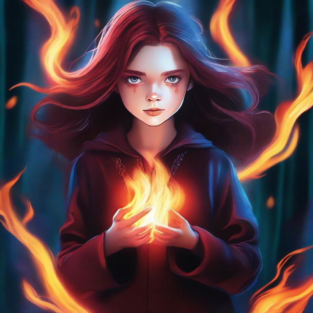 This is a high-quality digital art image of a 14-year-old supernatural girl, the daughter of Crowley