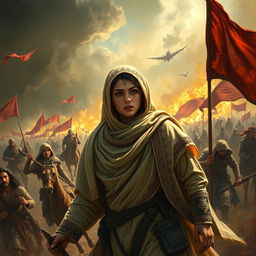 A vivid portrayal of Fatimah al-Zahra participating in the Battle of Karbala