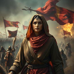 A vivid portrayal of Fatimah al-Zahra participating in the Battle of Karbala