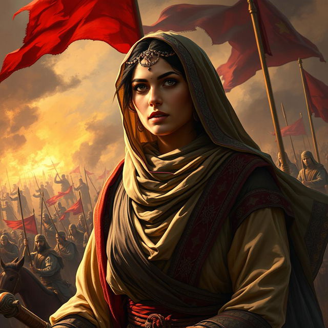 A vivid portrayal of Fatimah al-Zahra participating in the Battle of Karbala