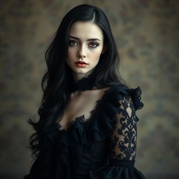 A striking portrait of a woman with a pale complexion and long, flowing black hair, elegantly dressed in a detailed black Victorian Gothic dress