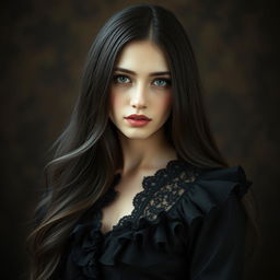 A striking portrait of a woman with a pale complexion and long, flowing black hair, elegantly dressed in a detailed black Victorian Gothic dress