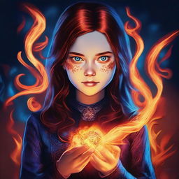 This is a high-quality digital art image of a 14-year-old supernatural girl, the daughter of Crowley