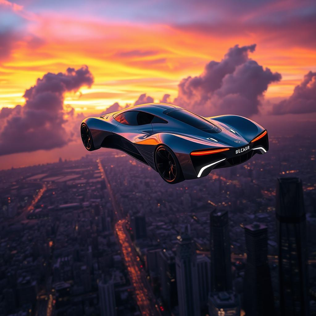 A futuristic car soaring through a vibrant sunset sky, with clouds illuminated in shades of orange and purple