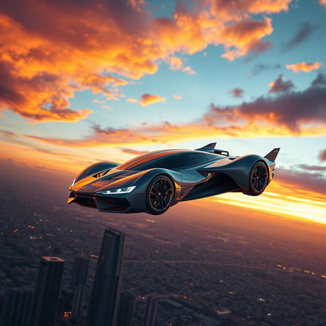 A futuristic car soaring through a vibrant sunset sky, with clouds illuminated in shades of orange and purple