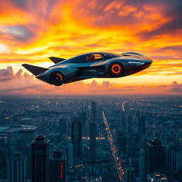A futuristic car soaring through a vibrant sunset sky, with clouds illuminated in shades of orange and purple