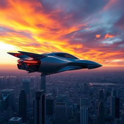 A futuristic car soaring through a vibrant sunset sky, with clouds illuminated in shades of orange and purple