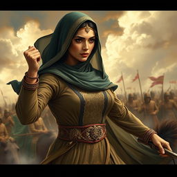 An artistic representation of Fatima Al-Zahra, depicted in a dynamic and powerful stance during the Battle of Karbala