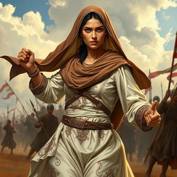 An artistic representation of Fatima Al-Zahra, depicted in a dynamic and powerful stance during the Battle of Karbala