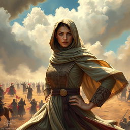 An artistic representation of Fatima Al-Zahra, depicted in a dynamic and powerful stance during the Battle of Karbala