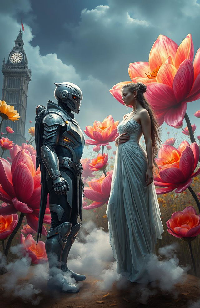 A dramatic science fiction scene depicting two characters meeting in a surreal landscape that embodies the concept of time