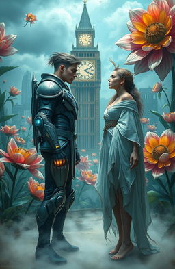 A dramatic science fiction scene depicting two characters meeting in a surreal landscape that embodies the concept of time