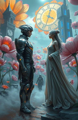 A dramatic science fiction scene depicting two characters meeting in a surreal landscape that embodies the concept of time