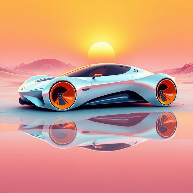 A captivating digital illustration of a futuristic car situated in a desert-like landscape