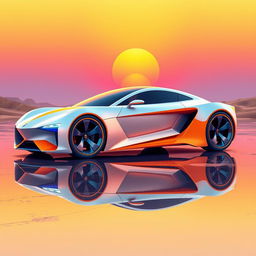 A captivating digital illustration of a futuristic car situated in a desert-like landscape